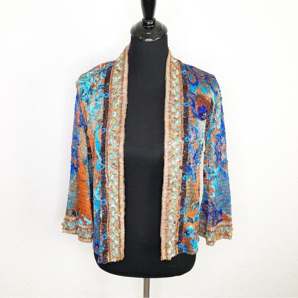Alberto Makali blue orange floral open front beaded kimono jacket size Small - Picture 1 of 16